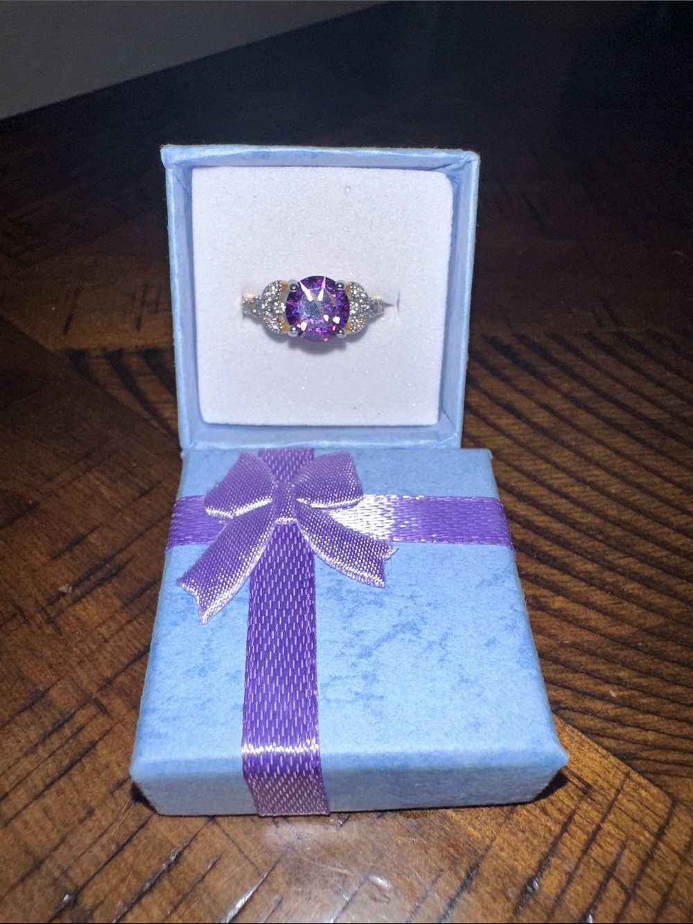 Gold Plated Purple CZ Halo Ring with Clear Accent Stones